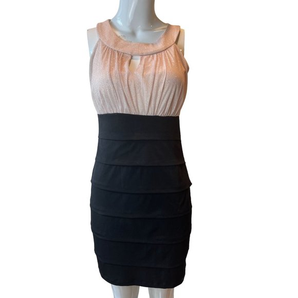 En Focus Womens Sheath Dress Layered Bottom 560021G Round Neck Black Peach SZ 6P - Picture 1 of 6